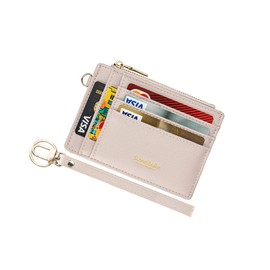 Wikavanli Women Slim Rfid Blocking Credit Card Case Holder Wristlet Zip ID Case Wallet Small Compact Leather Wallet Coin Purse with Keychain(Light Sand)