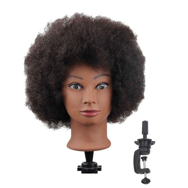 Cabeza de maniquí afroamericano con 100% cabello humano con soporte para peinar el cabello soplando el pelo y cortar trenzas (estilo afro)