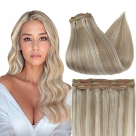 Full Shine Clip in Hair Extensions Human Hair 3 Pieces Lace Weft Clip in Extensions Color Golden Blonde Highlights Medium Blonde 16p22 Real Hair Extensions 20 Inch 60 Grams