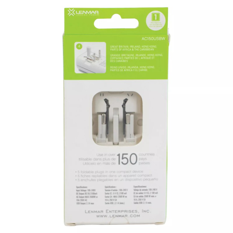 LENMAR AC150USBW Ultra-Compact All-in-One Travel Adapter with USB Port (White)