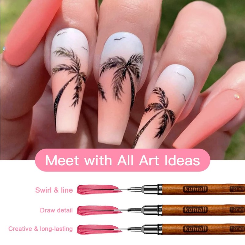 Komall Nail Art Brushes, 5Pcs Wooden Handle Liner Brush Set,