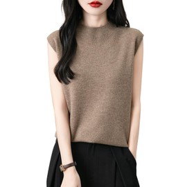 Chanyarn Women's 100% Merino Wool Spring Fall Winter First-Line Ready to Wear Mock Neck Seamless Knit Sleeveless Sweater Vest (Tan,XL)