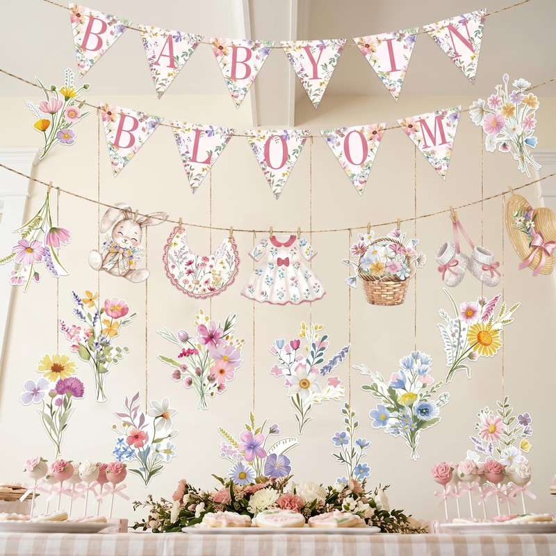 Baby in Bloom Floral Banner Set, Pink Flower Baby Shower