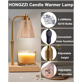 HONGZZI Candle Warmer Lamp - Electric Candle Warmer with Timer, Adjustable Height & Brightness, 2 Replacement Bulbs, 1-Year Warranty - Perfect for Jar Candles, Kitchen, Living Room, Bedroom (Gold)