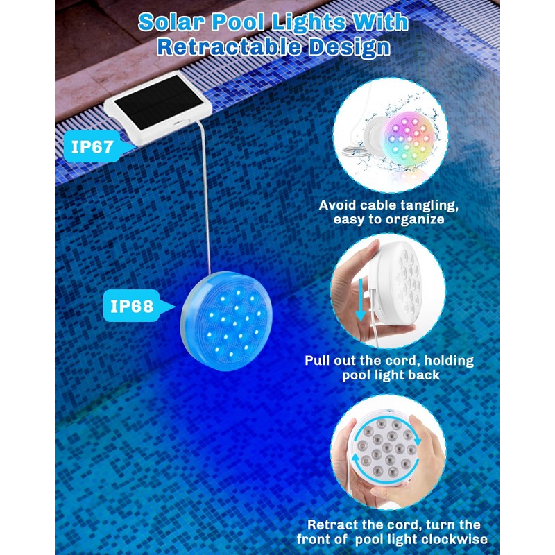 Pool Lights, Upgraded Solar Submersible LED Lights with Remote, 4.55