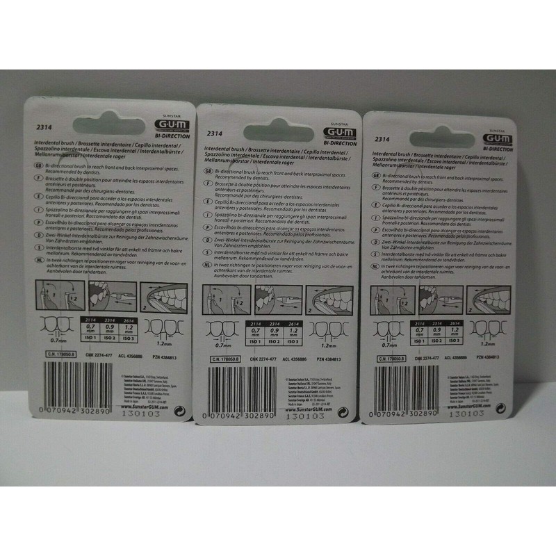 GUM BI-DIRECTION Interdentalbürsten 6 Stück hellblau 0,9mm, 3er Vorteilspack (3x