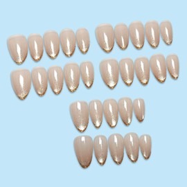 Hkanlre Almond Shiny Fake Nails Tips Full Cover Medium False Nails Nude Press on Nails for Women 24PCS