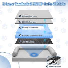 Maihandasi Orthopedic Dog Beds for Large Dogs, Waterproof Dog Bed Memory Foam with 3-Side Bolster Pillow, Pet Couch with Removable Washable Cover and Non-Slip Bottom, Grey, 36”x27”x7”