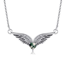 DAYLINLOVE Angel Wing Necklace 925 Sterling Silver Angel Moss Agate Pendant Necklace Moss Agate Jewellery Gifts for Women Girls