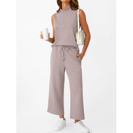 AUTOMET Womens 2 Two Piece Set 2025 Summer Beach Vacation Clothes Business Casual Fashion Lounge Loungwear Dressy Matching Travel Outfits Clothing Mock Neck Sweatsuit Sweat Suit Wide Leg Pant Set