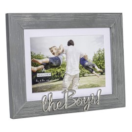 Malden International Designs 4x6 or 5x7 The Boys! Distressed Expressions Picture Frame Silver Finish The Boys! Word Attachment Gray Textured Wood Grain Finish MDF Frame White Beveled Mat