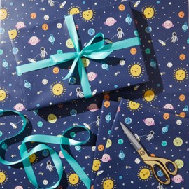 The Gift Wrap Company 58-189226 Outer Space Flat Gift Wrapping Paper Sheet Set, 30" x 23", Navy Blue, 3 Pieces