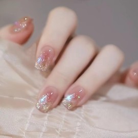 Nail Tip, Short, 24 Pieces, False Nails, Gradient, Pink, Gold Foil, Skin Color, 3D Nail Stickers, Popular Japanese Style, Cute, Simple, Fashionable Party, Autumn, Spring, Summer, Daily Life, Bridal
