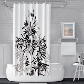 SDOTPMT 105 x 160 cm Bamboo Silhouette Shower Curtain Bamboo Leaves Sketching White Bath Curtain Classic Ink Painting Bath Curtain for Children Bathroom Polyester Waterproof with Hooks