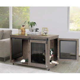 LINLUX 40 Inch Dog Crate Furniture, Wooden Heavy Duty Dog Kennel Indoor, Decorative Dog Cage Table for Large Medium Dogs, with Sliding Doors, Wheels and Flip-top Plate
