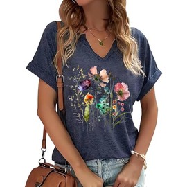PUCKOLITY Vintage Flower V Neck Shirts Women Boho Floral Wildflowers T-Shirt Retro Wildflower Graphic T Shirts Summer Tee Tops（S,5 Navy Blue）