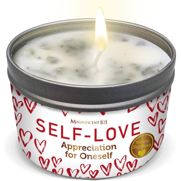 MAGNIFICENT 101 SELF-Love Valentine's Day Aromatherapy Candle for Worthiness - Sage Rose Lavender Scented, Natural Soybean Wax Tin Candle for Purification & Chakra Healing - Perfect Gift Under $20