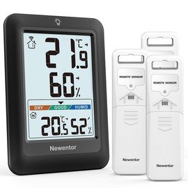 Newentor Max Min Thermometer Indoor Outdoor 24/48 Hours/All Times - Hygrometer Humidity Meter with Air Comfort - Wireless Weather Station with 3 Outdoor Sensors - Room Thermometer with Lighting, Black
