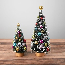 Set of 2 Miniature Decorated Frosted Bottle Brush Christmas Trees - Classic Holiday Snowy Bristle Sisal Trees (4-1/2" + 6-1/2")
