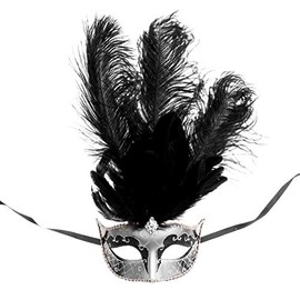 ILOVEMASKS Venetian Masquerade Ostrich Tall Feather Glitter Party Mask (Silver Black)