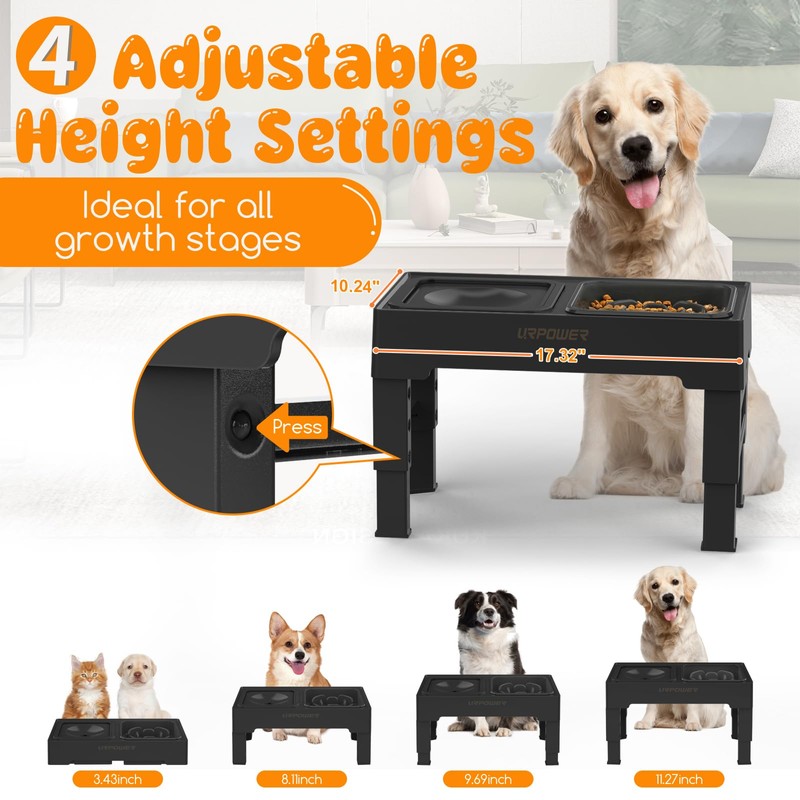 URPOWER 2-in-1 Elevated Slow Feeder Dog Bowls with No-Spill Water