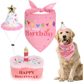 EXPAWLORER - Disfraz de cumpleaños para perro, pañuelo con gorro y juguete chirriante para fiesta de cumpleaños, gran decoración de fiesta para perros pequeños, medianos y grandes, color rosa