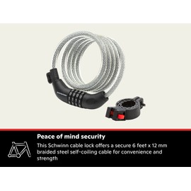 Schwinn Bike Combination Cable Lock, 6 ft x 12 mm, Black & Silver, Durable Steel, Vinyl Cover, Carrying Bracket for Storage and Transport, Anti Theft Protection, Bike Lock Cable for Security