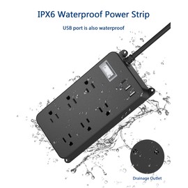 Outdoor Power Strip Weatherproof,20W USB C,Waterproof Extension Cord Multiple Outlet Surge Protector,6 Outlets,3 USB Ports