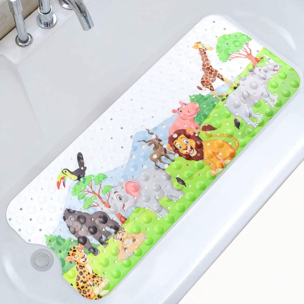 Moocuca Non-Slip Bath Mat 100 x 40 cm, Non-Slip Bath Mat with 200 Suction Cups PVC Material, Sea Animals Shower Mat for Children and Baby (Zoo)
