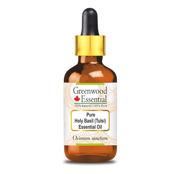 Greenwood Essential Natural Pure Holy Basil (Tulsi) Essential Oil (Ocimum Sanctum) with Glass Dropper Natural Pure Therapeutic Quality Steam Distilled 15 ml (0.50 oz)