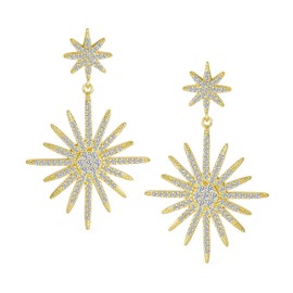 Classic Cocktail Fashion Statement Pave CZ Long Linear Dangling Starburst Celestial Sunburst Teardrop Chandelier Earrings For Women Wedding Prom Yellow Gold Plated