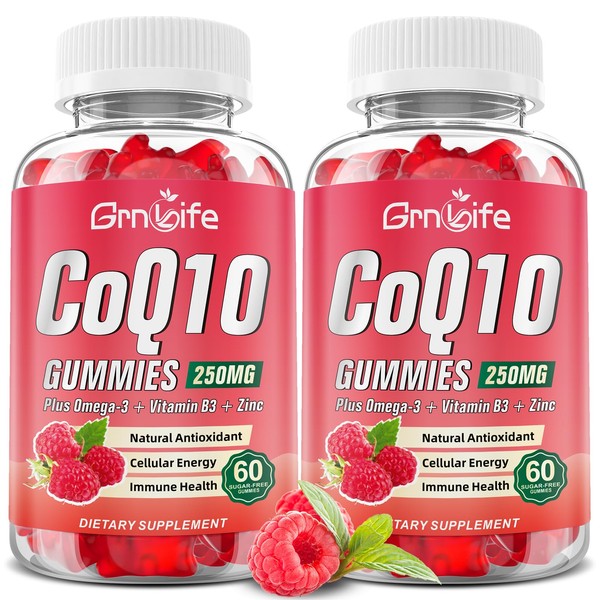 GrnLife Sugar Free CoQ10 Gummies, CoQ10 250mg, Plus Omega-3, Vitamin