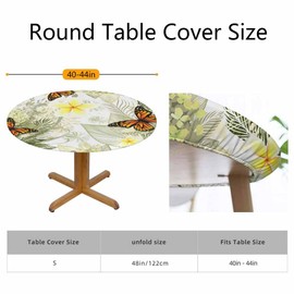Guxxuil Butterfly Flower Round Fitted Tablecloth Gentle Vintage Botanical Hydrangea Garden Yellow Elastic Edge Tablecloth Waterproof Oilcloth Table Cover for 40"-44"