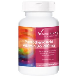 Pantothenic Acid Vitamin B5 200 mg - 180 Tablets - For 6 Months - Vegan - High Dose Vitamin B5 | Vitamintrend®