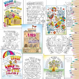 Christian Colouring Postcards, Proverbs, Pack of 10 different designs, with coloured Bible verse on reverse. Makes a great Christian gift for adults or children, by Just Cards Direct.