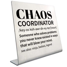 CREATCABIN Funny Office Signs Stainless Steel Desk Decor Ornaments Chaos Coordinator Inspirational Table Signs Keepsakes Decoration for Office Women Men Friends Employees Colleague 3.9 x 3.9Inch