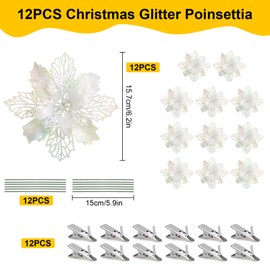 LFBEST 12 Pcs Christmas Flowers Large (16Cm) Glitter Poinsettia 6.2" Artificial Flowers,Silver White Christmas Tree Flowers Decorations With Clips Stems For Christmas Tree Hanging Party Xmas Decor