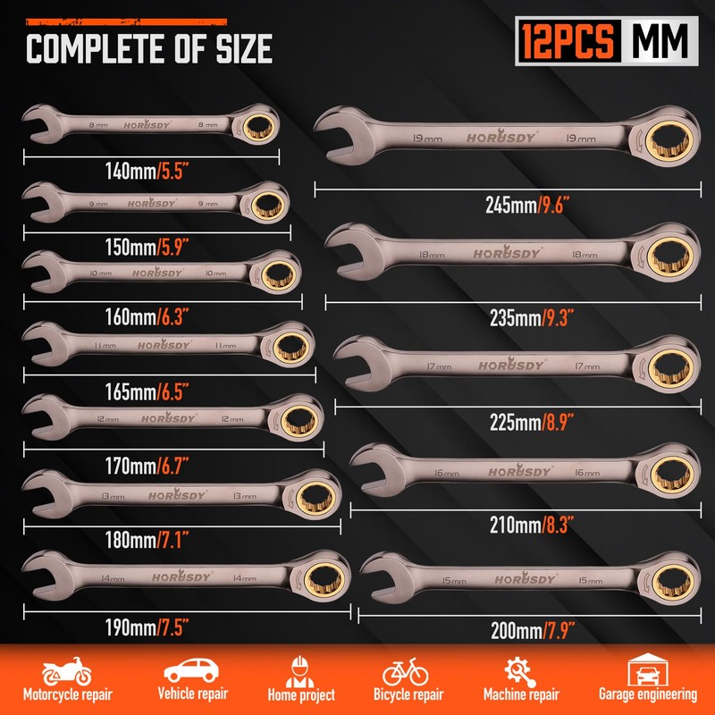 HORUSDY 12-Piece Metric Ratcheting Wrench Set | 8-19 mm |