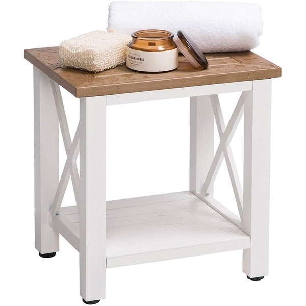 Shower Bench Waterproof - Bathroom Stool with Storage Shelf - Wood Style Bathroom Bench - Small Shower Stool for Shaving Legs - Non-Slip Adjustable Feet - Shower Seat Doubles as a Corner Shower Stool