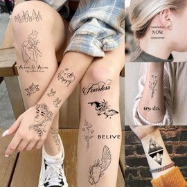 61 Blatt Inspirierende Wörter Temporäre Tattoos Damen Männer Klebetattoos Erwachsene, Zitate Fake Tattoos Frauen Herren, Lavendel Wild Blumen klebe Tatoo Aufkleber Minimalismus Abstrakt Schlange Set