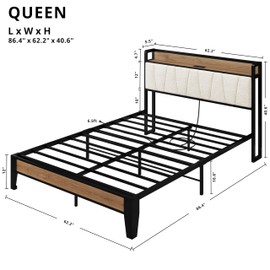 LIKIMIO Queen Bed Frames, Storage Headboard with Charging Station, Solid and Stable, Noise Free, No Box Spring Needed, Easy Assembly, Wood and Cream