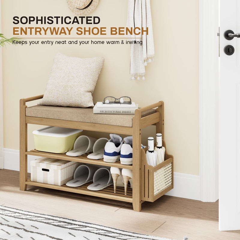 Homaxy 2-Tier Shoe Rack Bench, 28.2 in, Walnut and Light