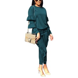 KANSOON - Conjunto de 2 piezas para mujer, manga abombada y pantalones largos con volantes, conjunto de chándal, Azul eléctrico, 3X-Large