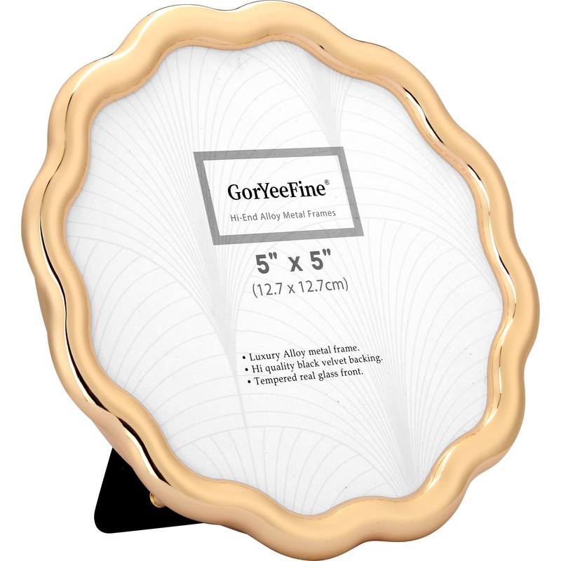 High-End Gold 5x5'' Round Zinc Alloy Picture Frames,Unique Wave Design,Heavy