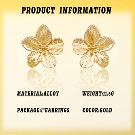 GAUEIOUR Gold Big Flower Earrings Vintage Boho Stud Five-Petal Flower Earring Drop Dangle Alloy for Woman Wedding Party Hypoallergenic Jewelry