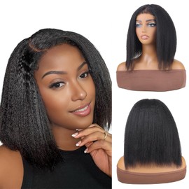 Yaki Kinky Straight Wig Human Hair 13x4 Lace Front Wig 150% Density Glueless Pre Plucked with Baby Hair Short Yaki Straight Wigs for Women (16Inch, Natural Color)