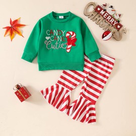FIOMVA Toddler Baby Girl Christmas Outfits Infant Candy Cane Sweatshirt Bell Bottoms Set Flare Pants Fall Winter Clothes (A Candy Cane Green, 18-24 Months)