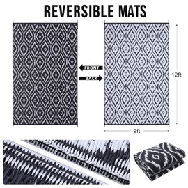 OLANLY Outdoor Rug 9x12 ft Waterproof, Plastic Straw Rug with Geometric Pattern, Large Patio Rug Clearance, Reversible RV Mat for Patio, Camping, Balcony, Deck, Backyard, Black & White
