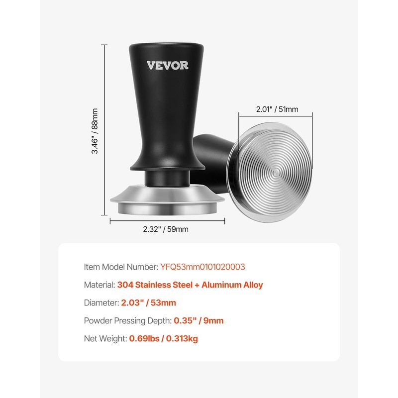 VEVOR YFQ51mm0101020001 Coffee Tamper 304 Stainless Steel + Aluminium Alloy