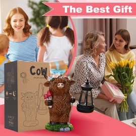 Yeomoo Highland Cow Garden Ornaments Outdoor - Resin Brown Cattle Holding Mushrooms With Solar Lantern Lawn Porch Yard Balcony Decor - Gardening Gifts for Women Mum Wife